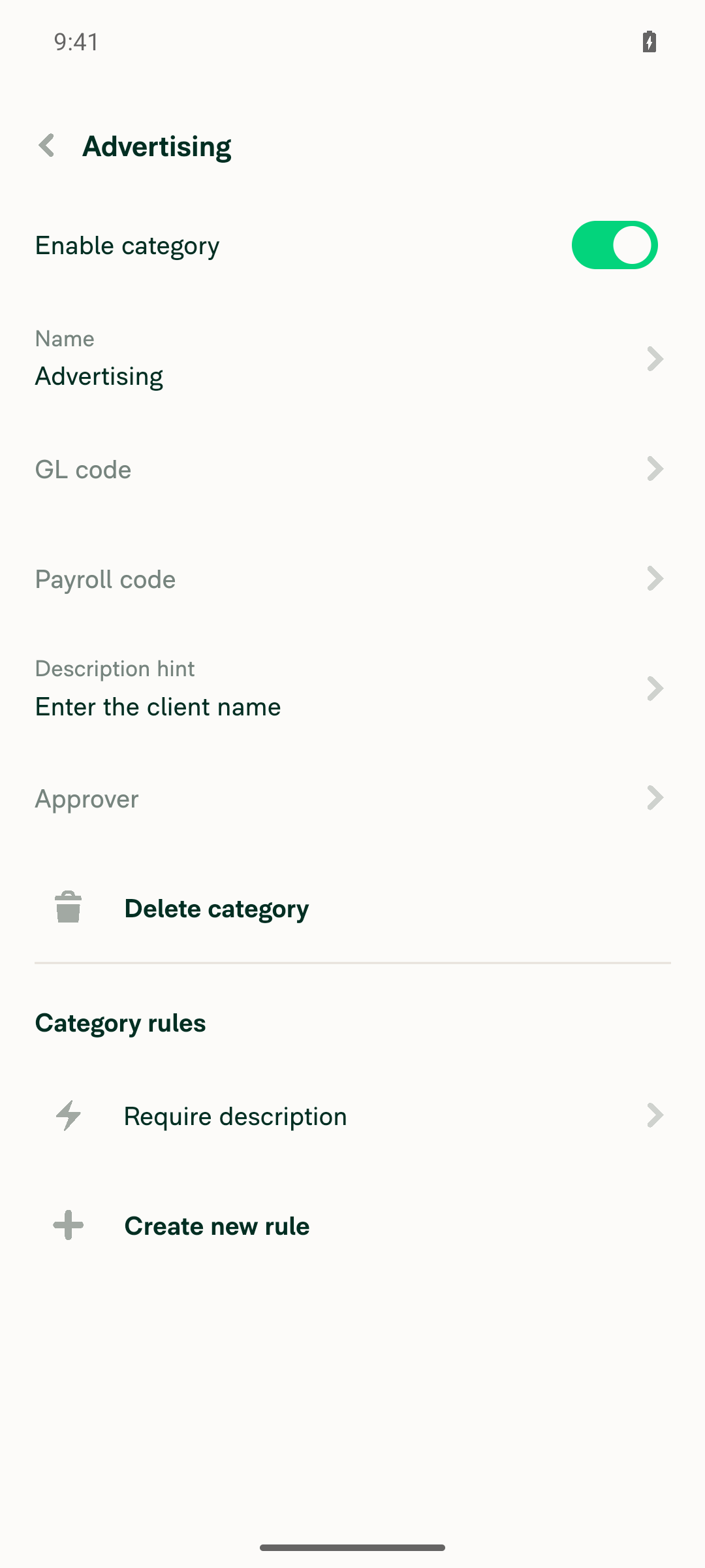 Advertising category page showing Require description rule