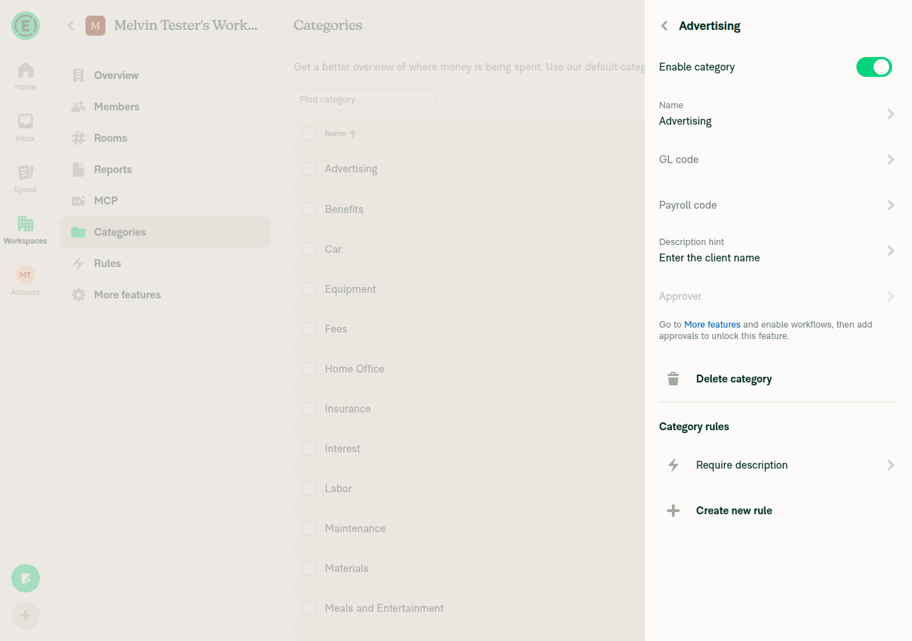 Category rules showing Require description