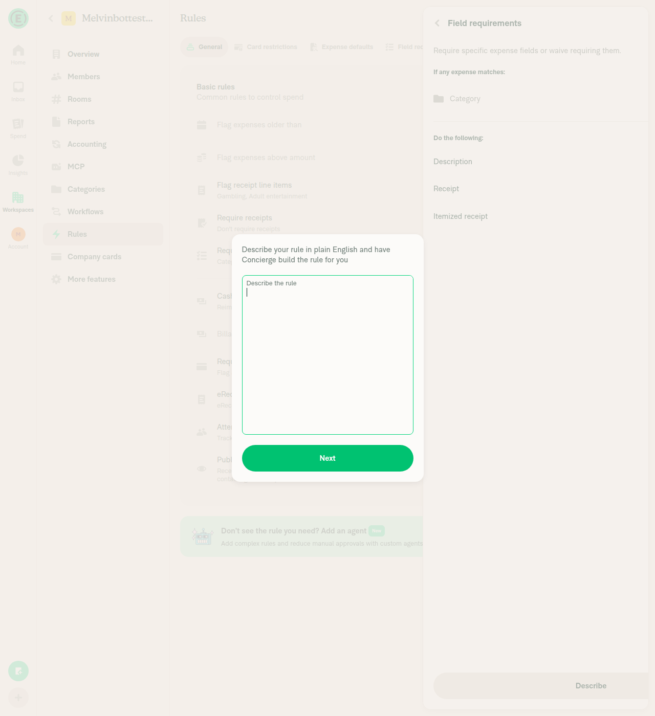 Require fields editor with Describe modal open