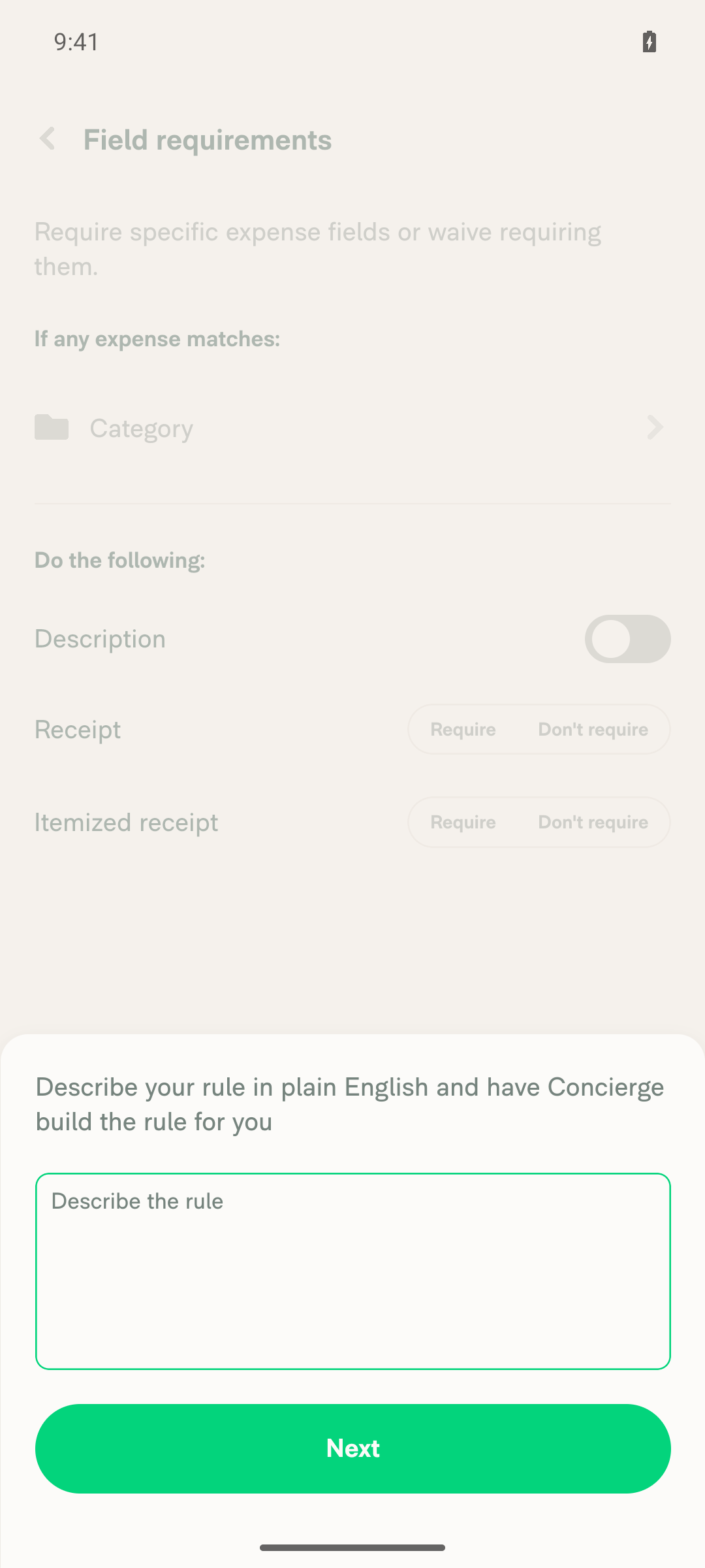 Describe modal over the Require fields editor