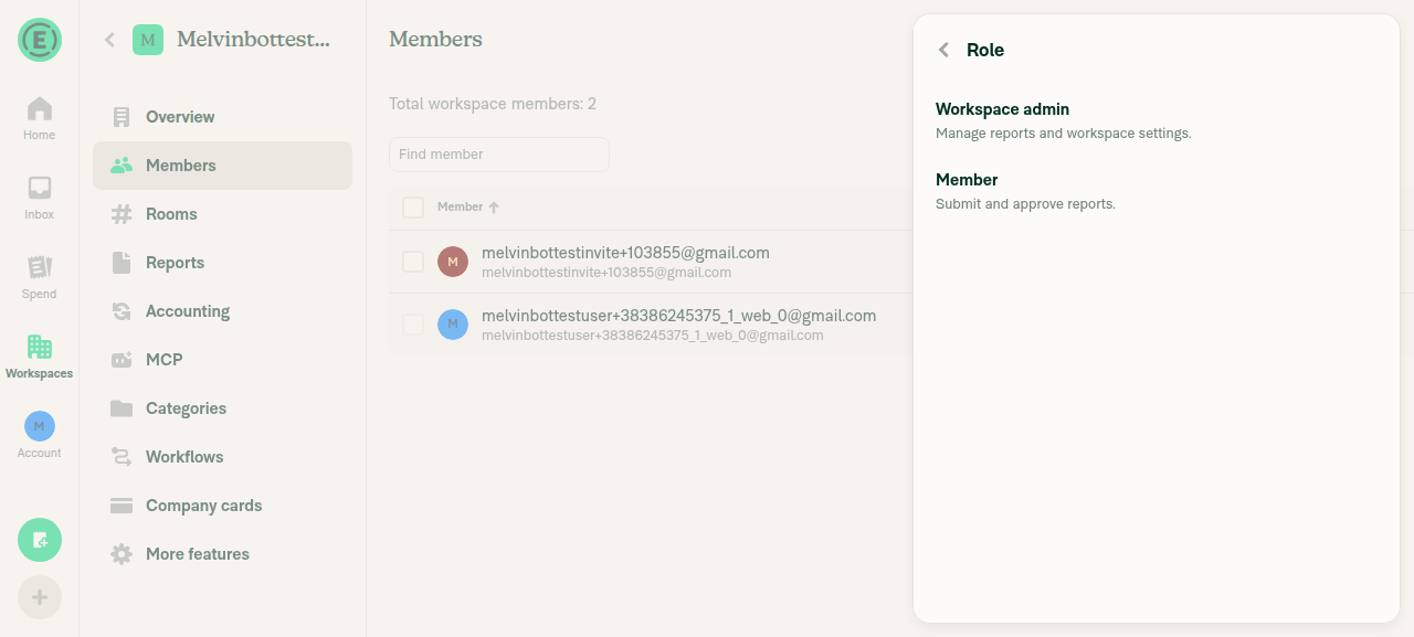 Role selection page listing Workspace admin / Member