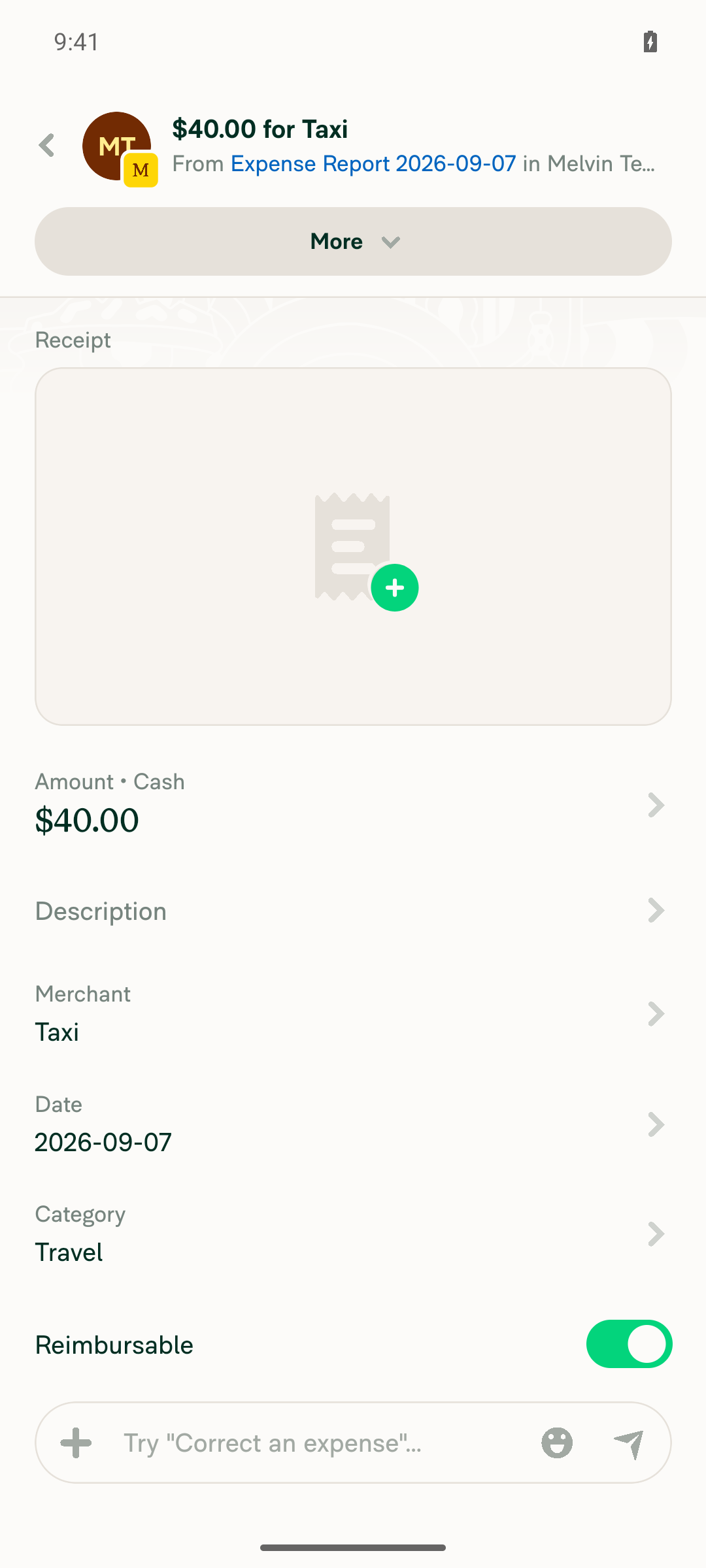 Tapping the top row category area opens the expense detail screen for Taxi 40.00, not a Category picker
