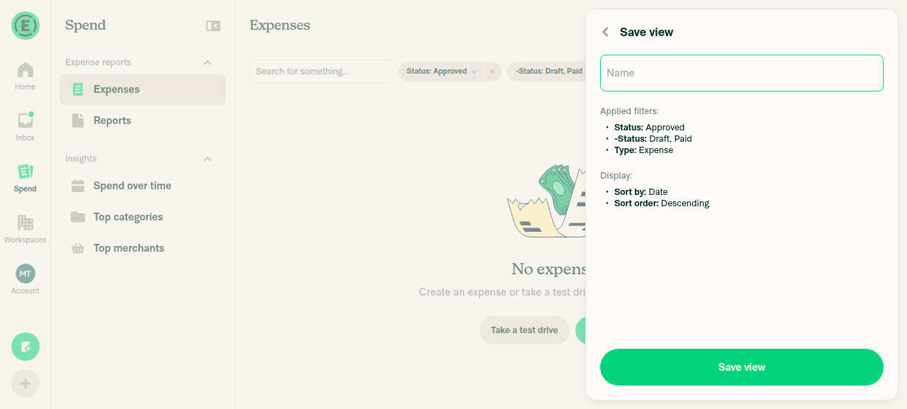 Save view panel showing Applied filters: Status: Approved, -Status: Draft Paid, Type: Expense