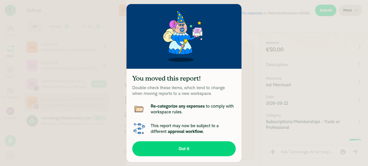 After pressing Save: You moved this report confirmation modal, picker closed