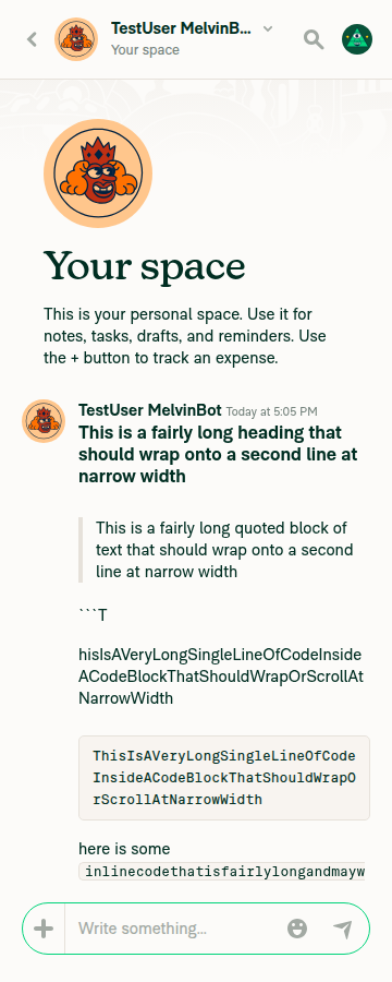 Narrow viewport: heading, blockquote, code block all left-aligned and wrapping
