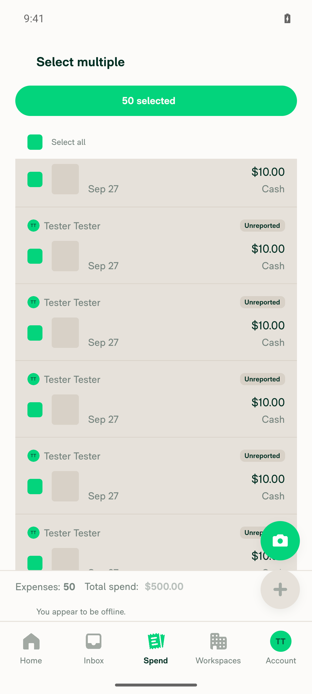 Footer showing Expenses: 50, Total spend: $500.00 after selecting all on page, offline