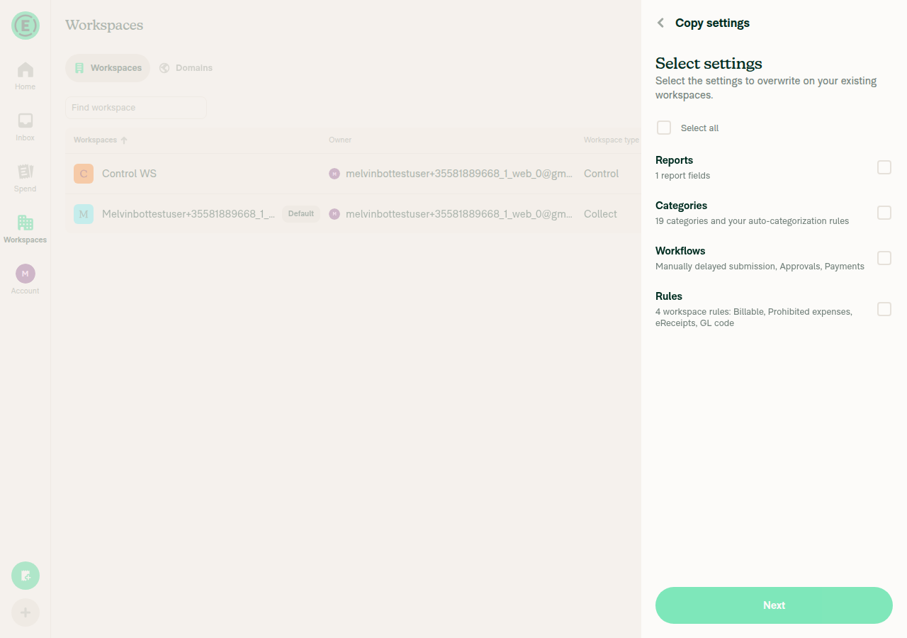 Select settings step listing Reports, Categories, Workflows and Rules