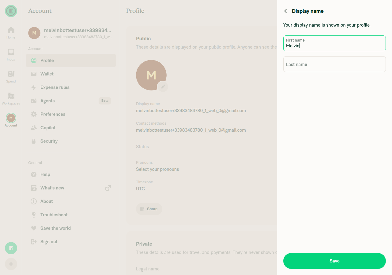 Settings > Profile > Display name form with First name label floated above the typed value