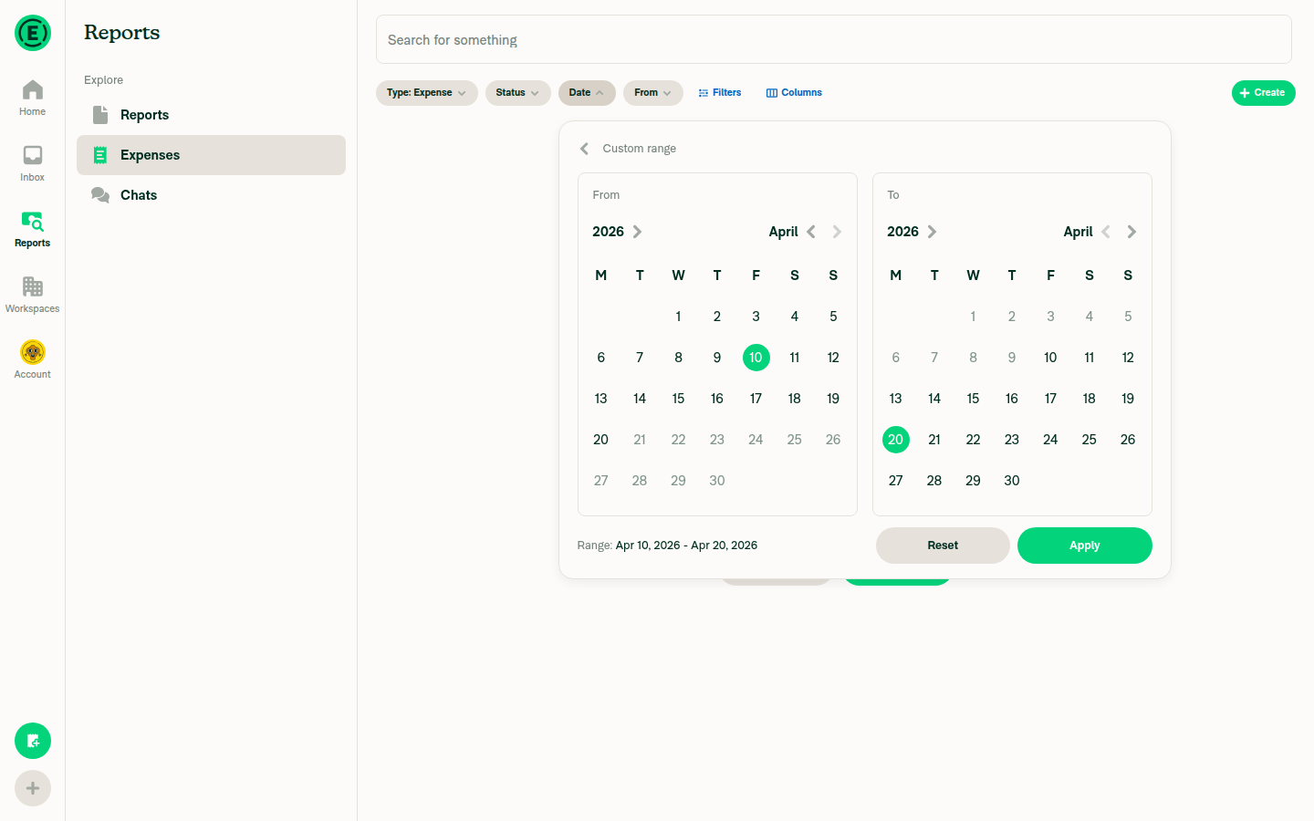 After selecting To date (Apr 20) - Range shows full date range Apr 10-20 2026 without scrolling