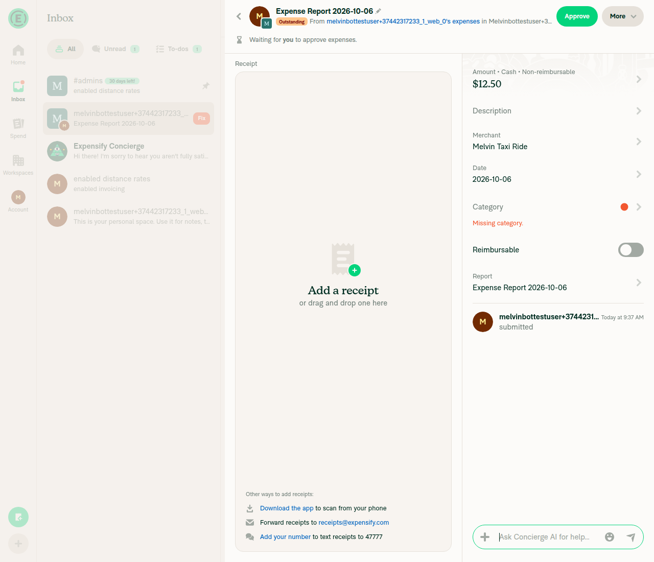 Tracked expense submitted to workspace