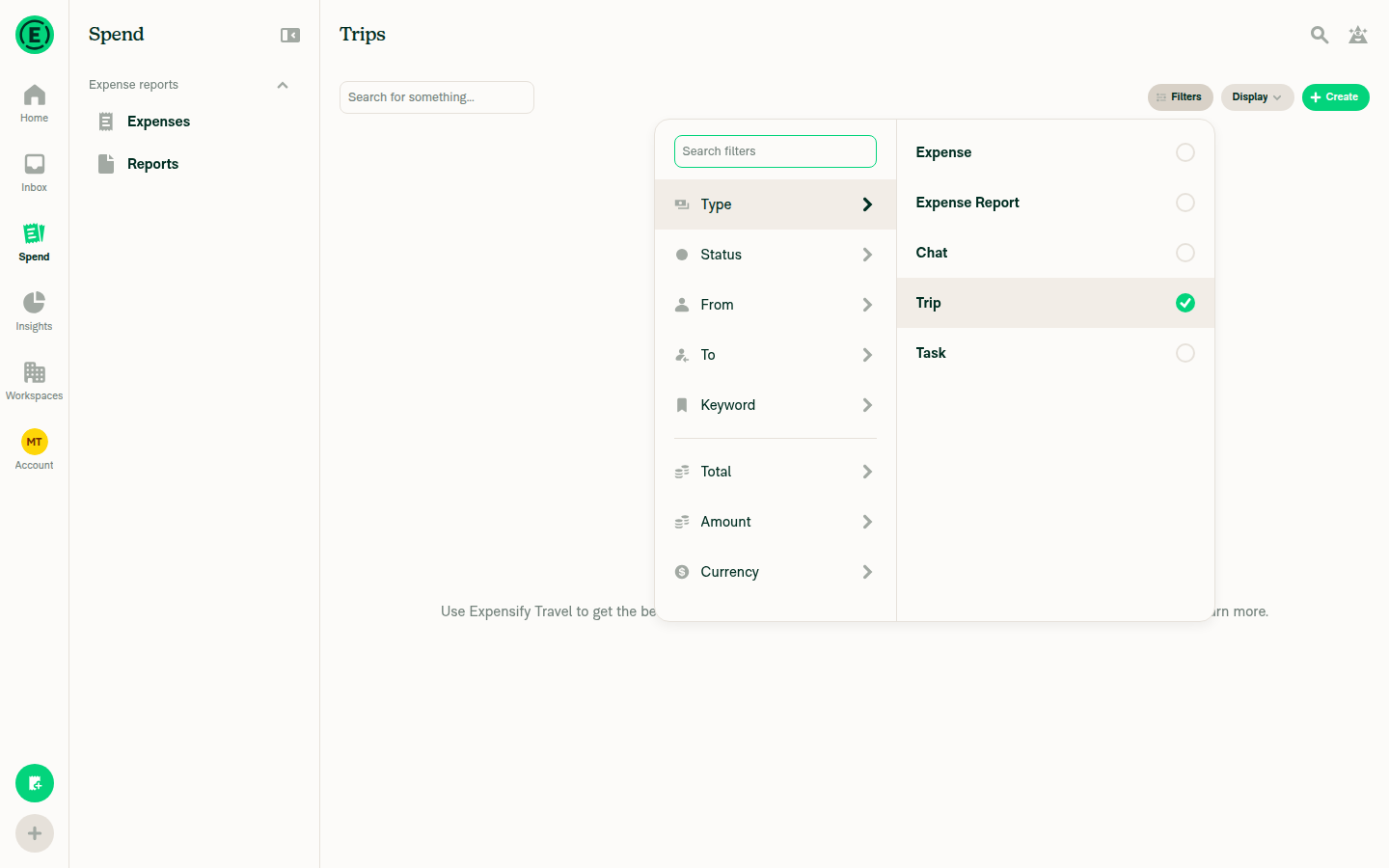 Search filtered to Trip type, empty Trips page