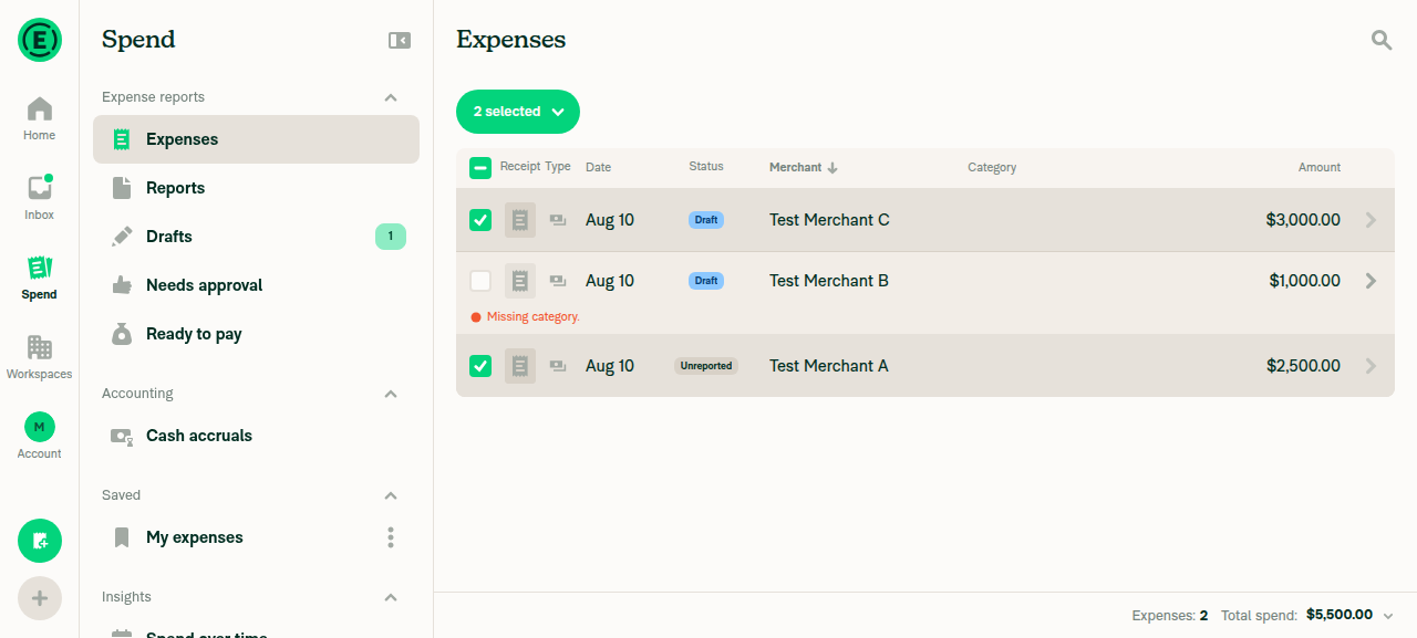 Uncheck one expense only -> 2 selected, others still checked