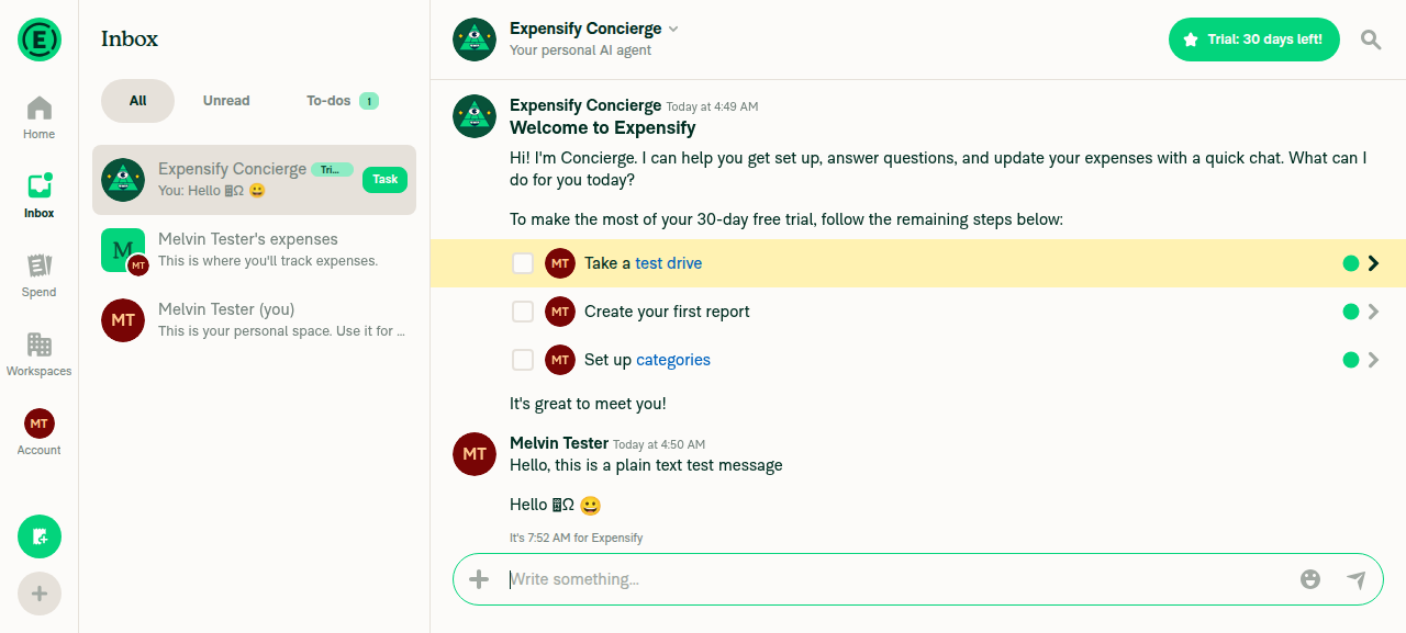 Chat reopened after navigating away; message text preserved