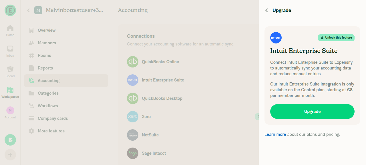 Upgrade modal shown after clicking Connect on Intuit Enterprise Suite for a Collect plan workspace