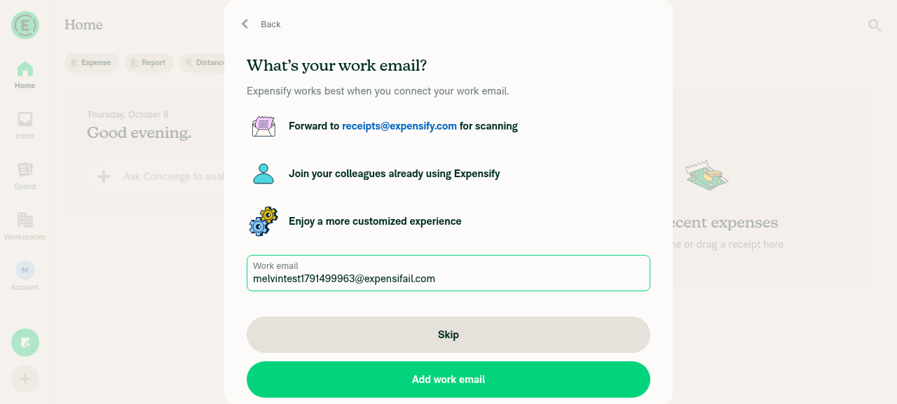 Work email step reopened with editable input after choosing Join my company workspace