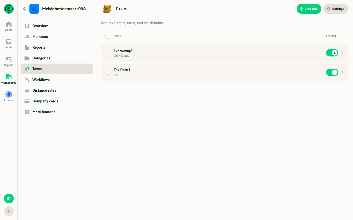 Taxes page with both toggles enabled