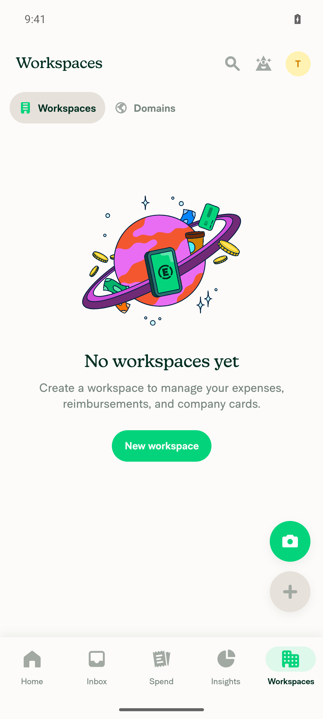Workspaces tab showing no workspaces