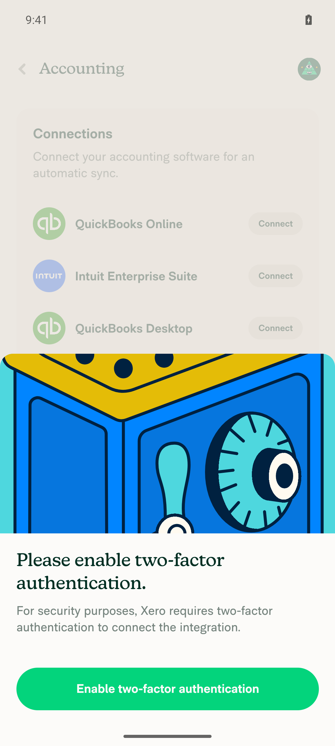 Xero Connect blocked by the 'Please enable two-factor authentication' gate