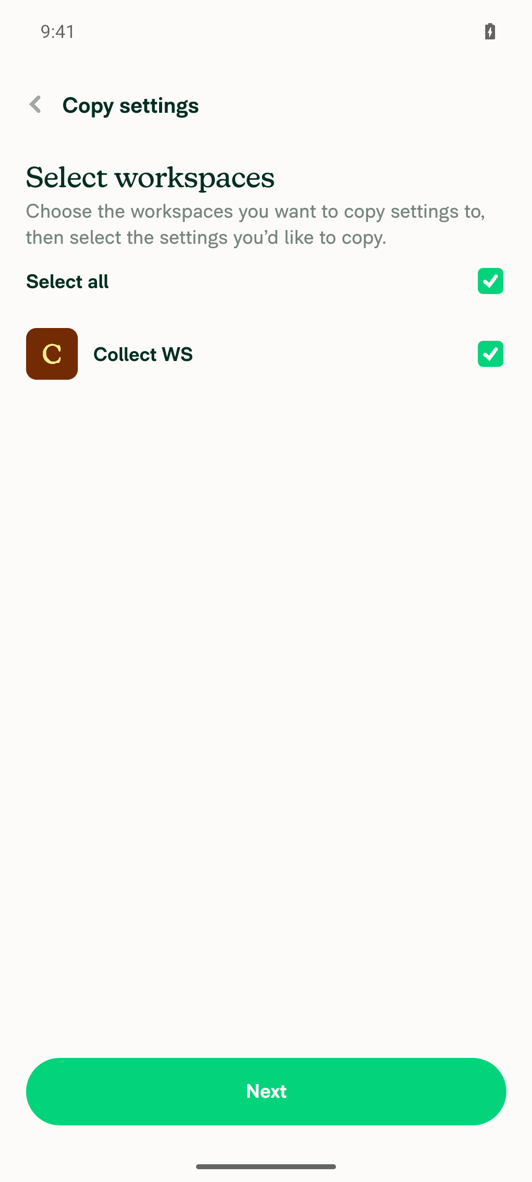 Collect WS selected as the copy destination with Next enabled
