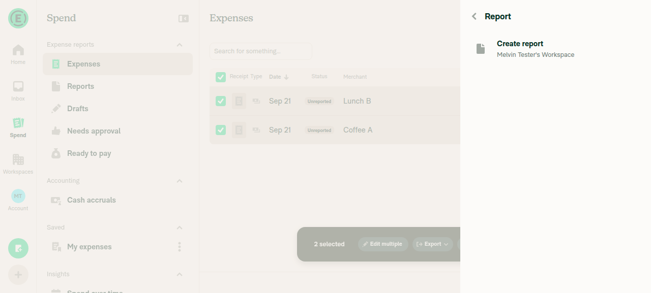 Destination list with a workspace present, still no Auto report row