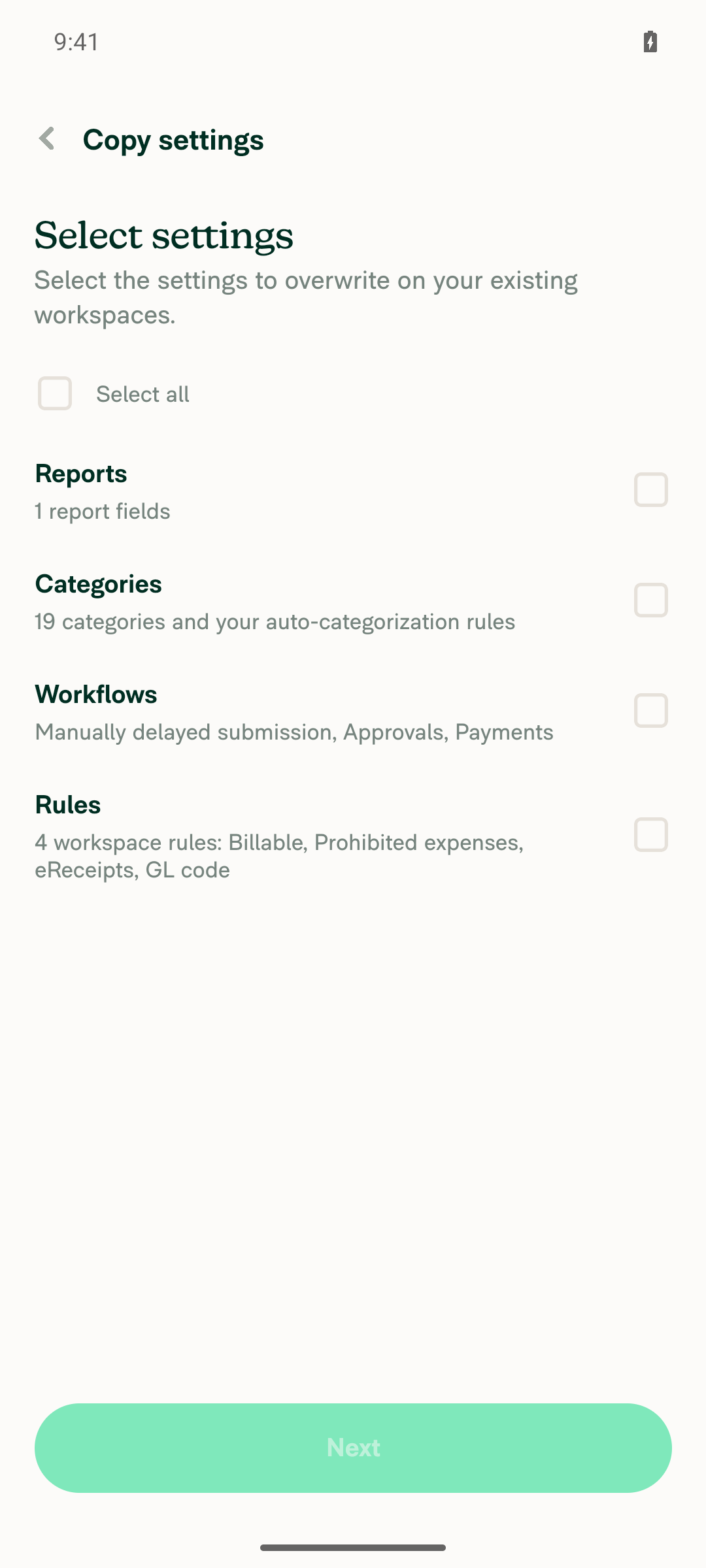 Select settings step listing Reports, Categories, Workflows and Rules