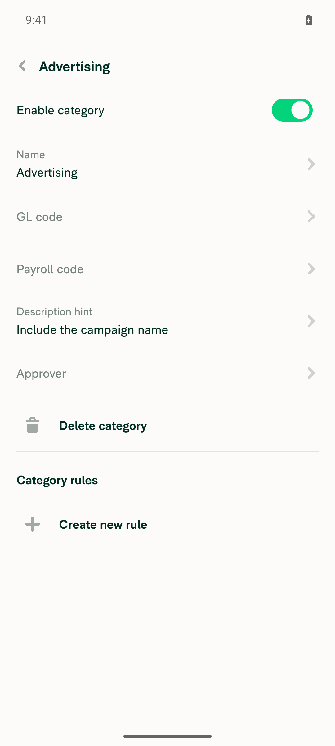 Advertising category showing saved description hint