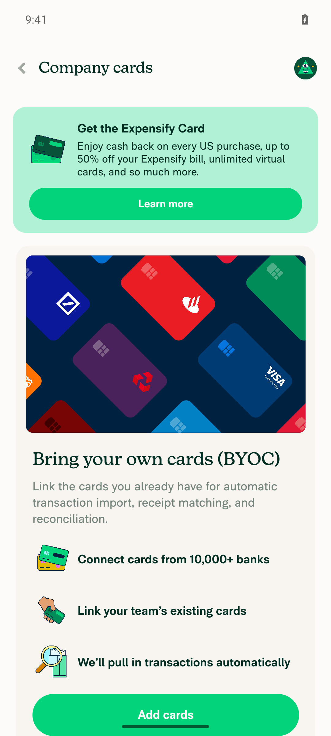 Company cards page empty state, no feed connected, Add cards CTA visible