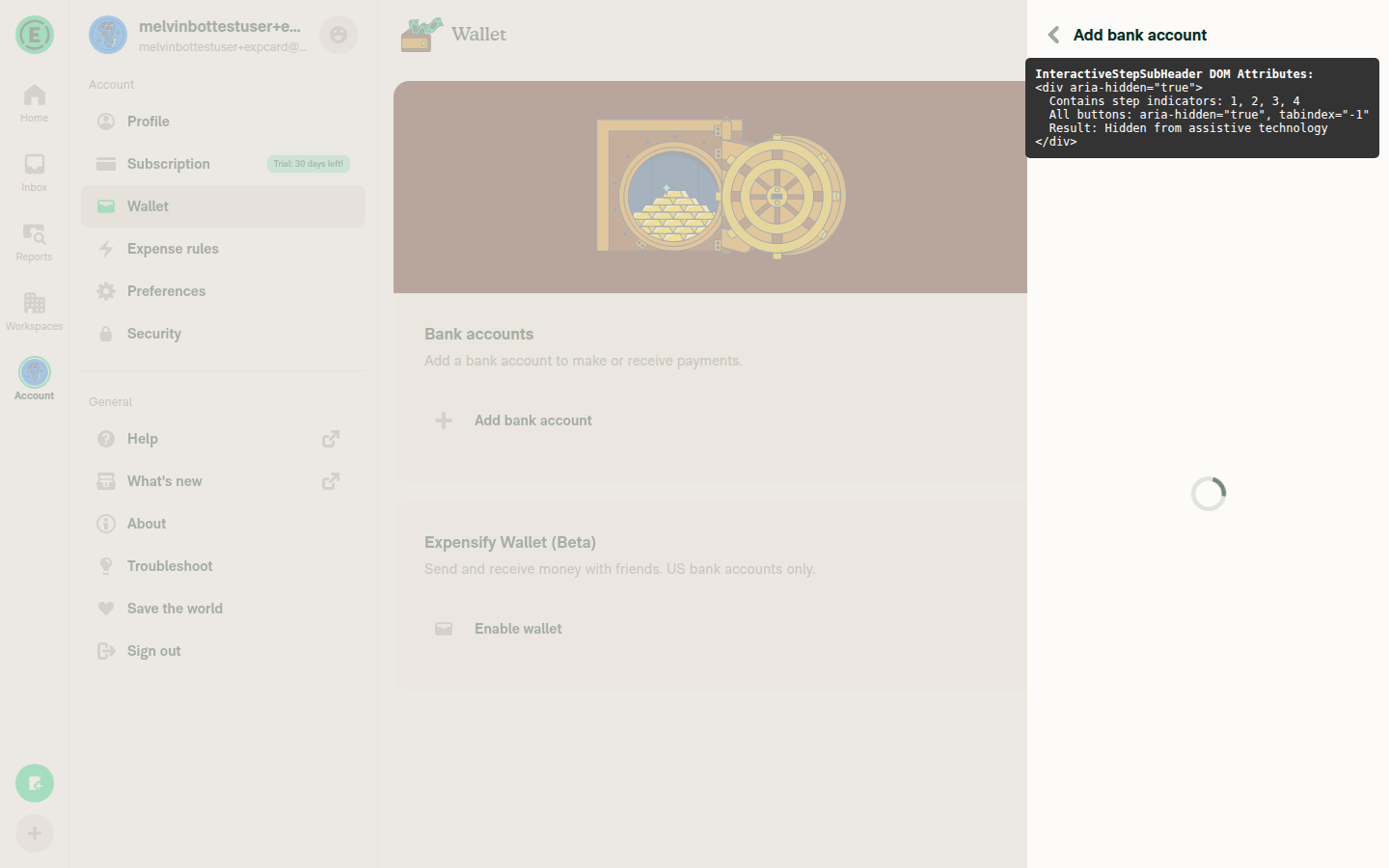 DOM inspection confirming aria-hidden attribute on step indicator container