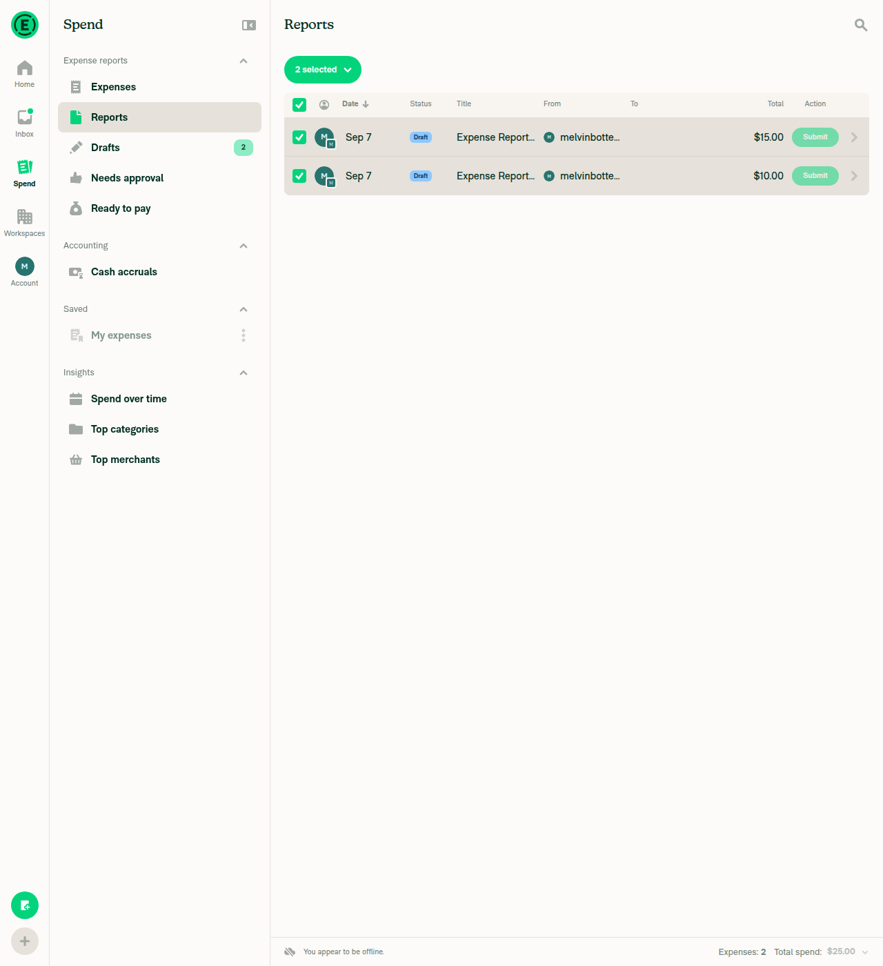 Both report rows selected, 2 selected shown