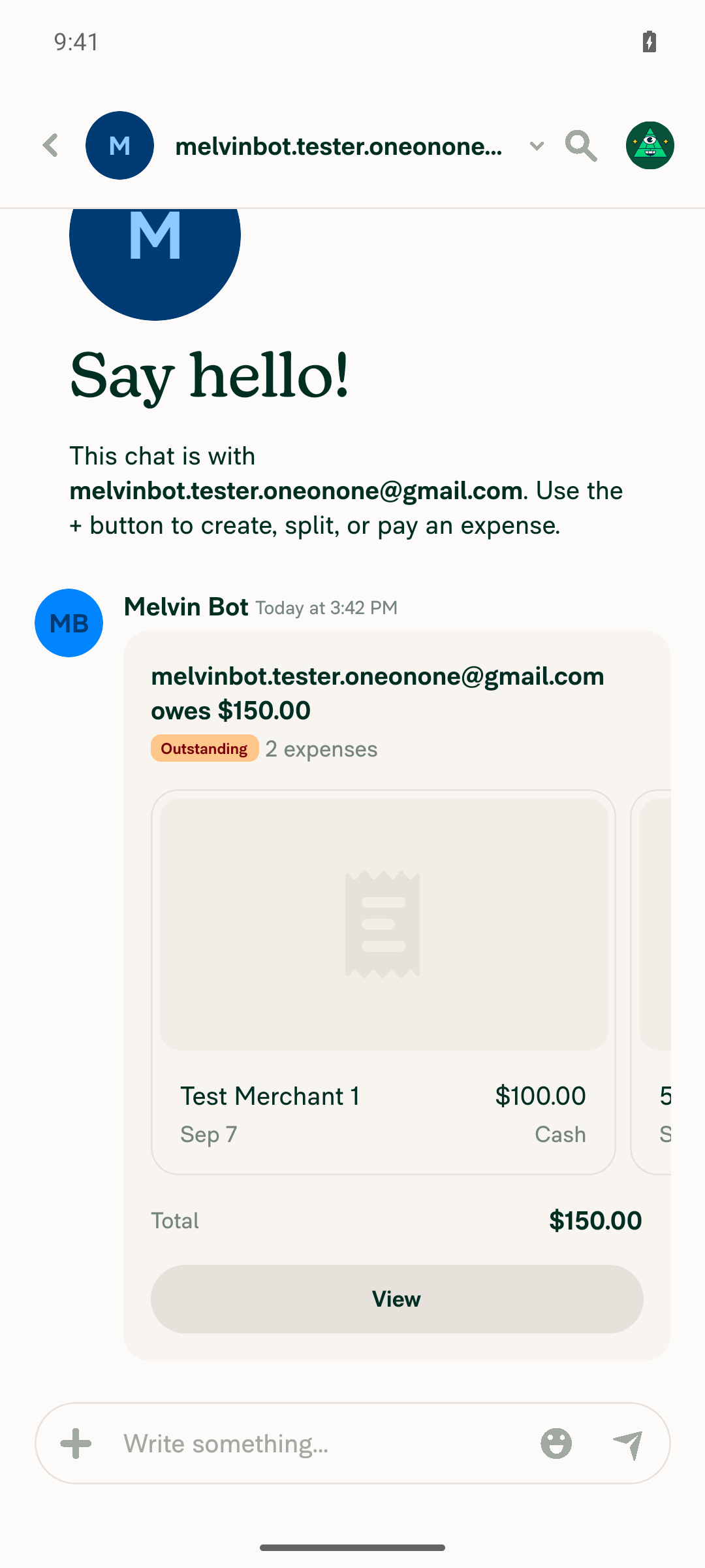 1:1 chat IOU preview: 2 expenses, Total $150.00 positive