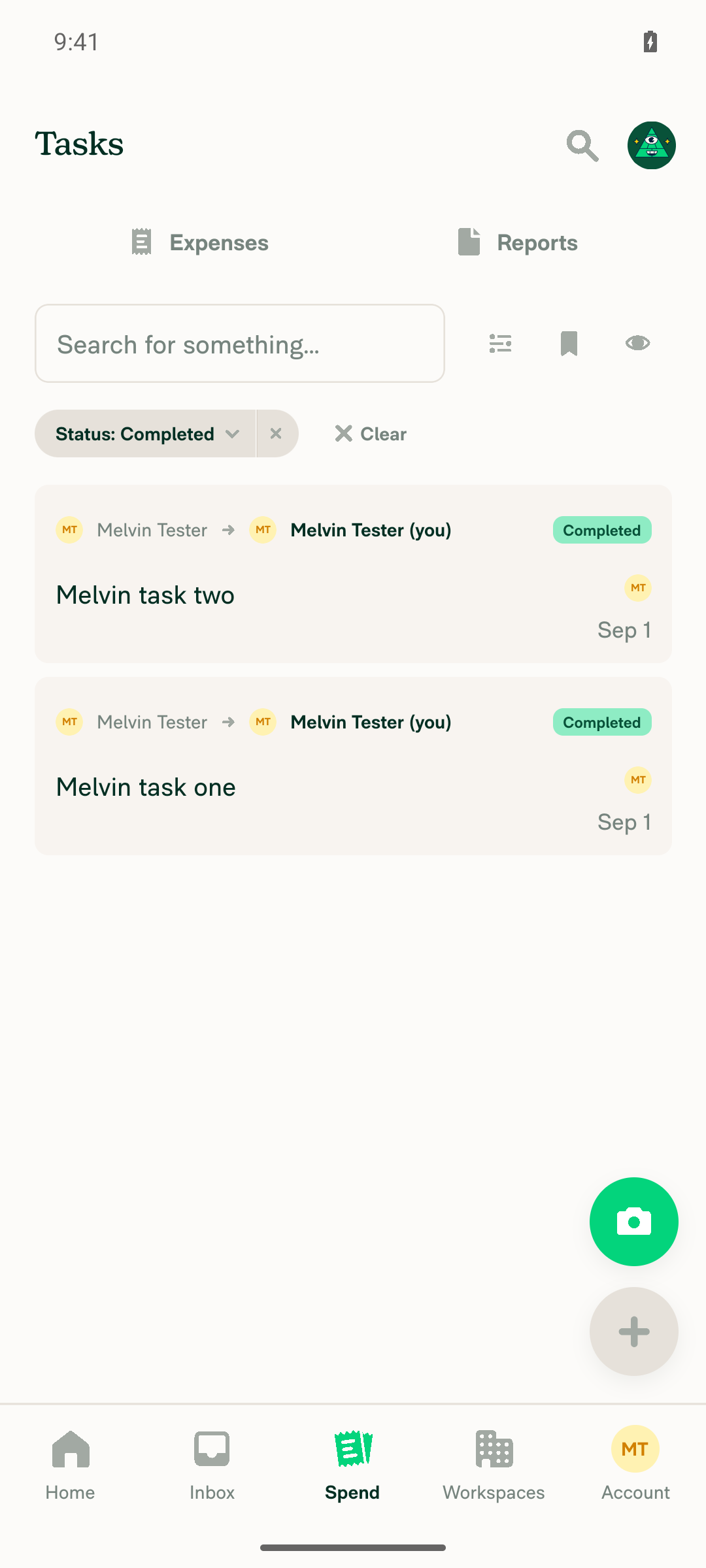 Search Tasks results with Status: Completed chip listing both tasks, each with a green 'Completed' badge and no Complete button
