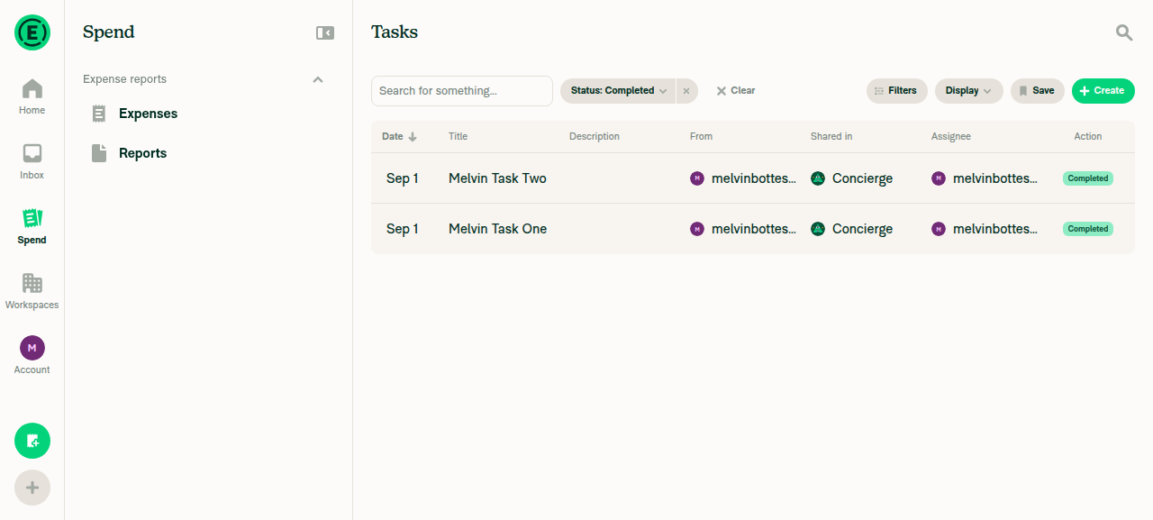 Tasks search with Status: Completed listing both tasks, each with a grey Completed badge in the Action column