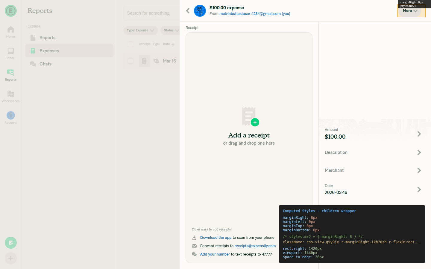 Computed styles panel showing marginRight 8px