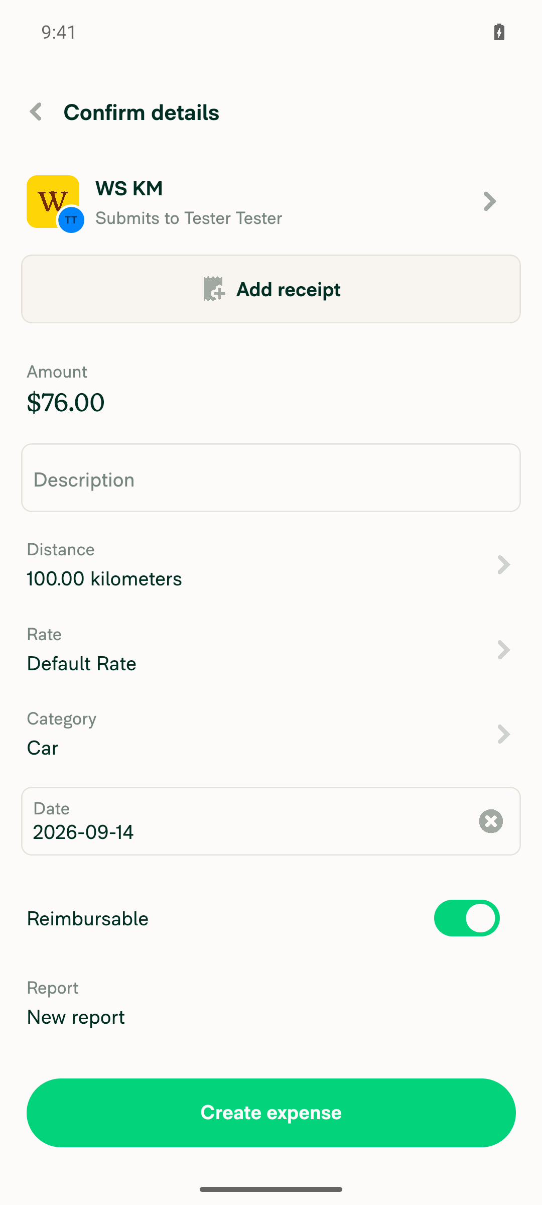 Confirm details page for WS KM showing Distance 100.00 kilometers