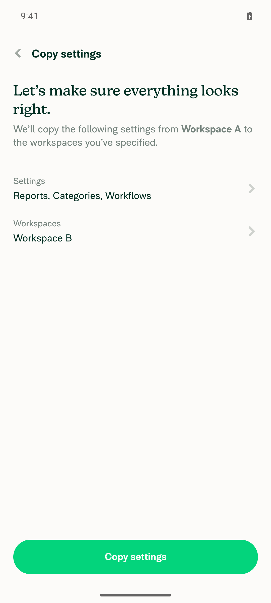 Confirm page: copy from Workspace A to Workspace B