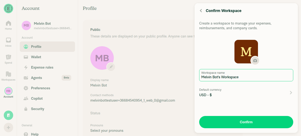 Confirm Workspace page opened from Account tab via FAB