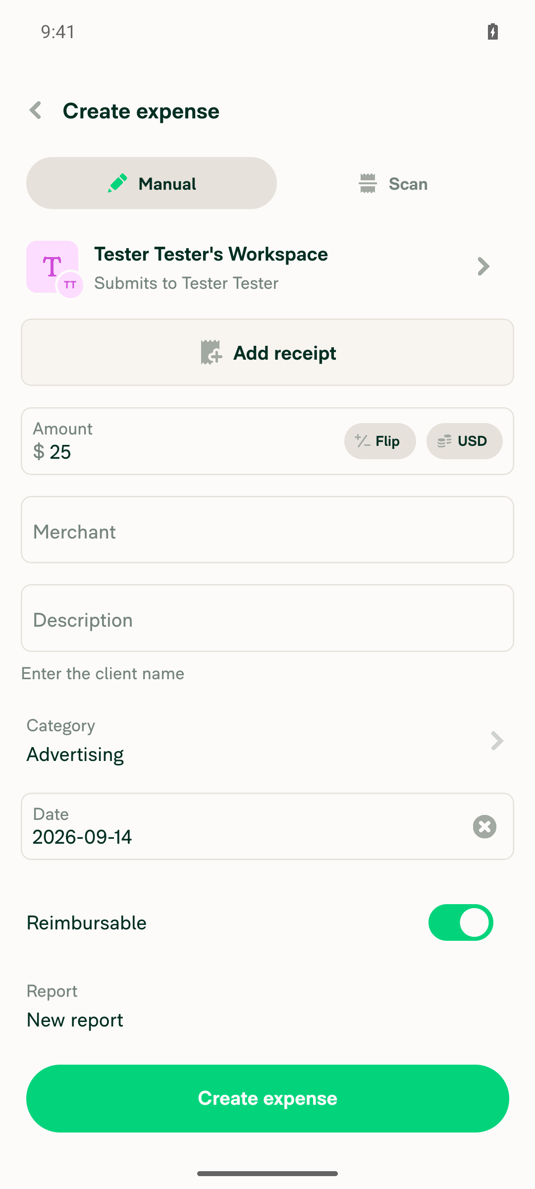 Confirmation screen showing description hint under Description field for Advertising category