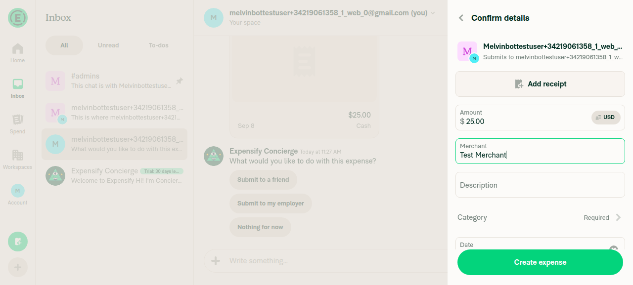 Confirm details page with merchant 'Test Merchant' filled