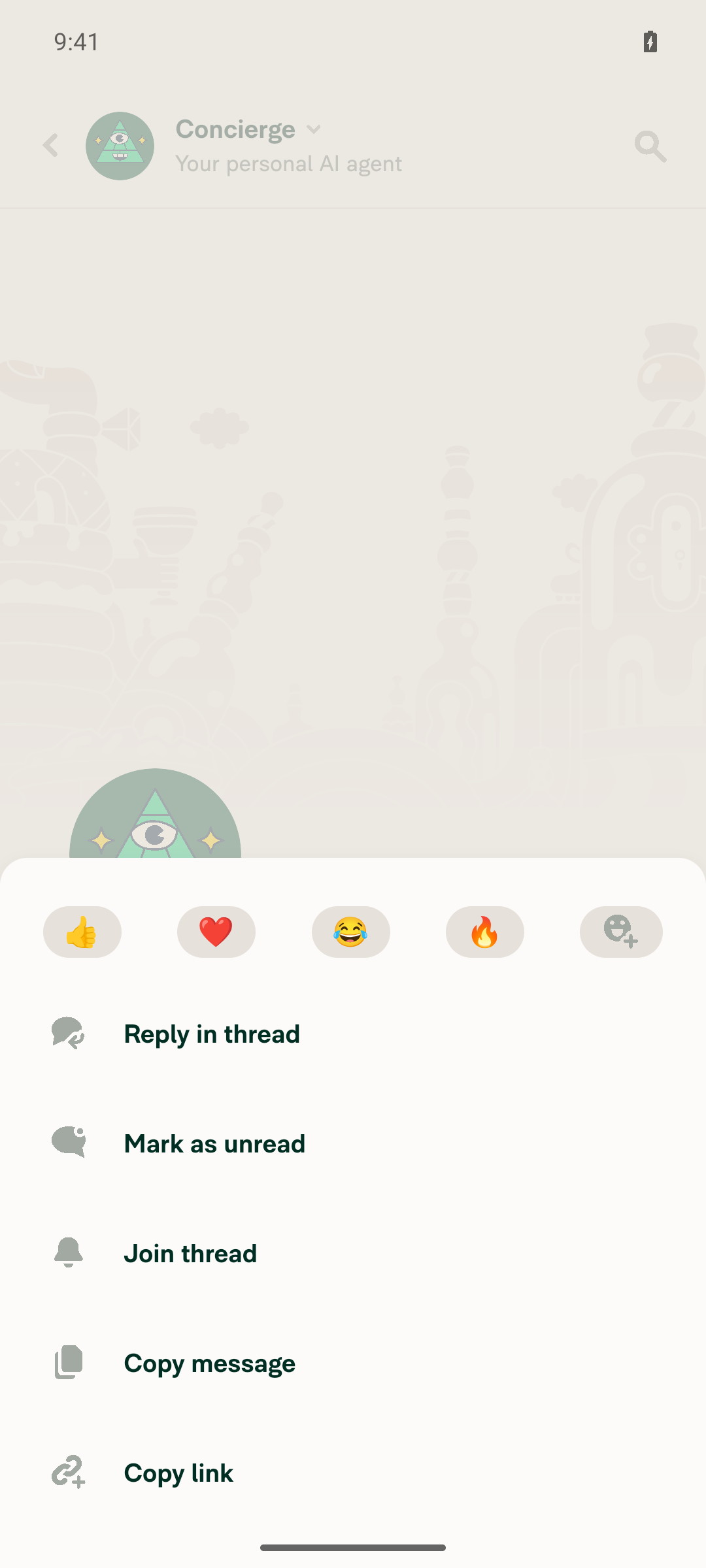 Context menu on long-press showing Copy message action