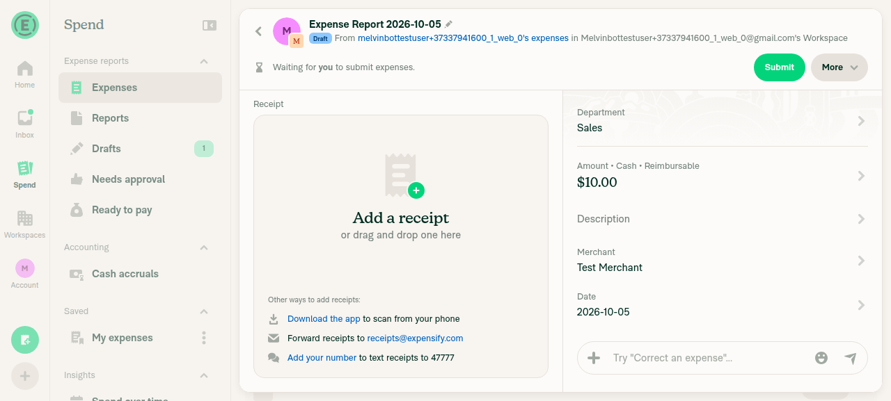 Department field showing Sales selected on the expense report