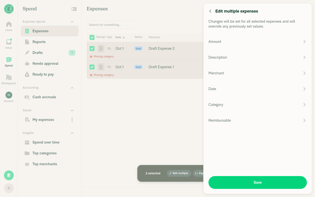 Edit multiple still showing Category and Reimbursable after visiting an expense and reselecting