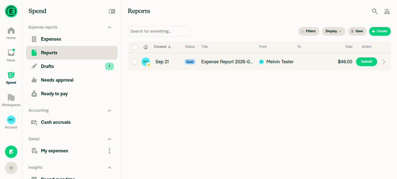 Reports tab showing new Draft Expense Report totalling $46.00 with no error