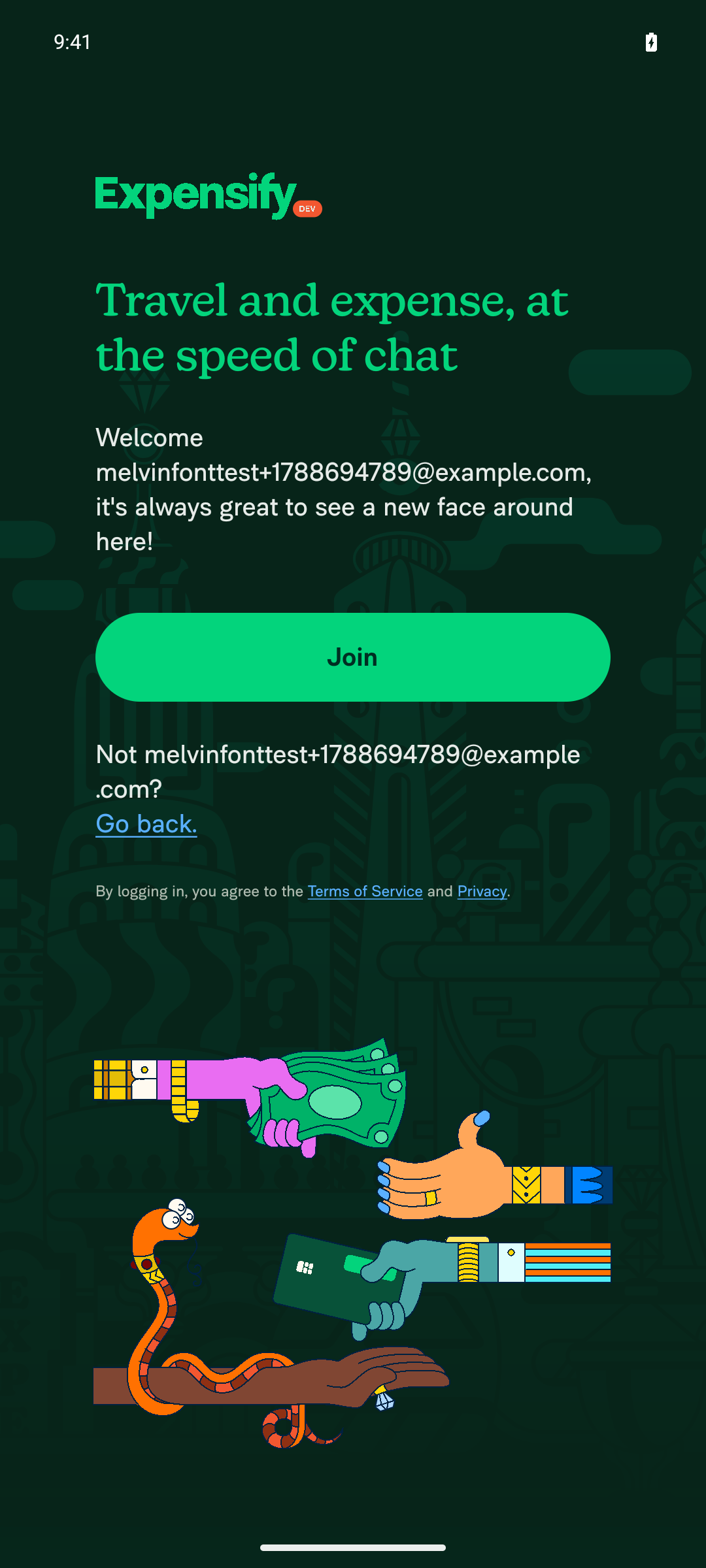 Welcome/Join screen with fine print after entering new email
