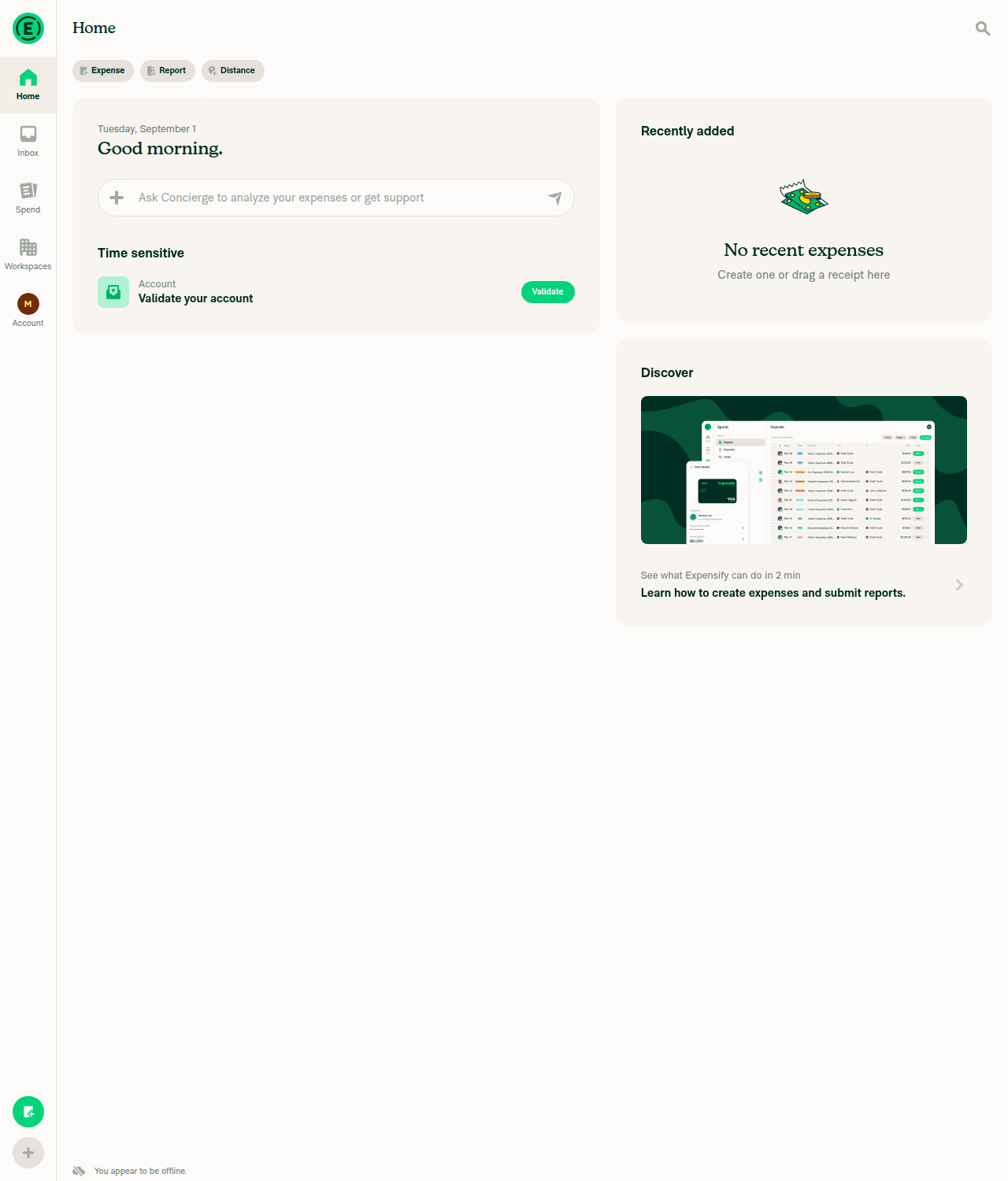 Home while offline: no loading bar at top, offline indicator bottom-left