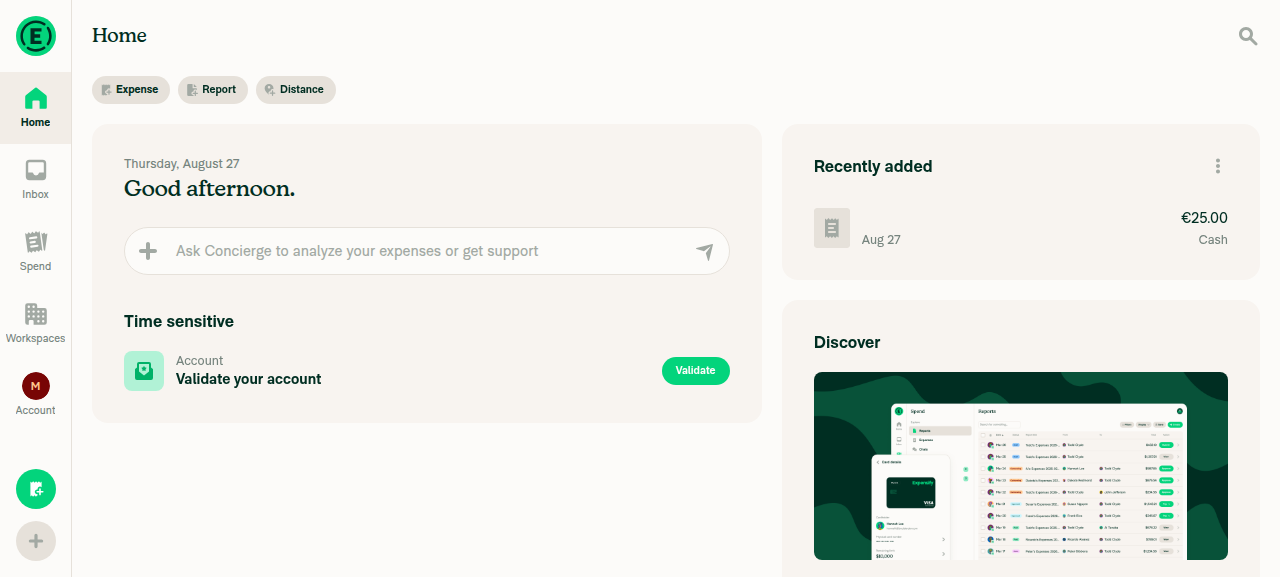 Home screen with the €25.00 Cash expense listed under Recently added