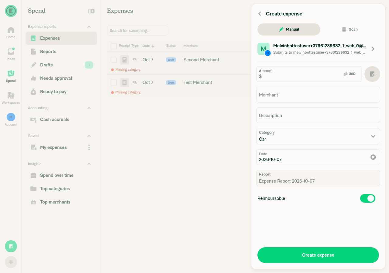 Manual expense confirmation form showing Category, Date, Report, and Reimbursable rows