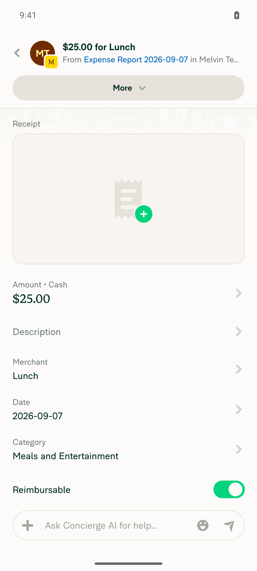Tapping the middle row Lunch opens the expense detail screen, not a shrunken Category picker
