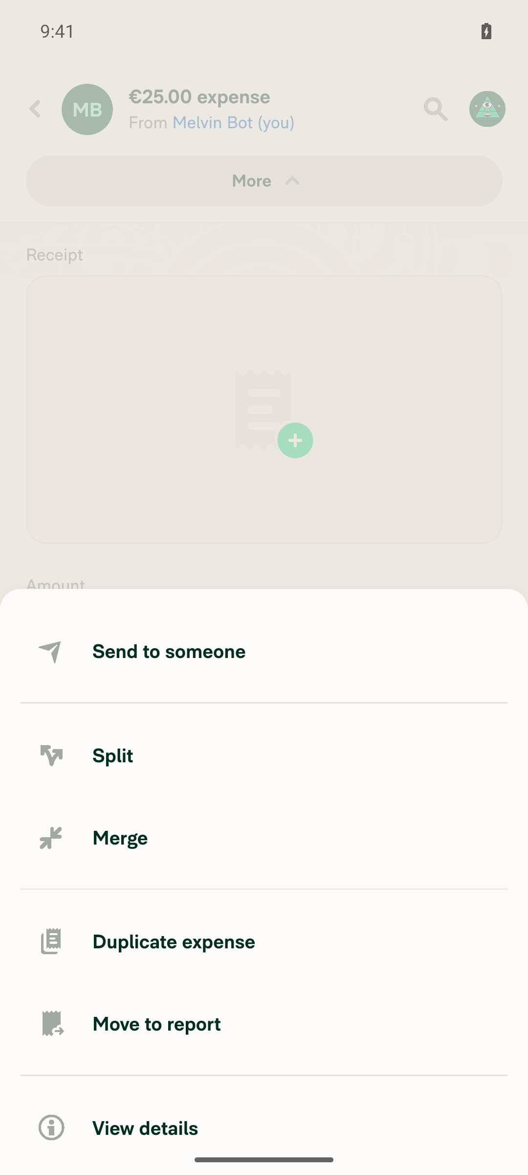 More menu on a self-tracked expense: Send to someone at top with a divider beneath, followed by Split, Merge, Duplicate expense, Move to report, View details