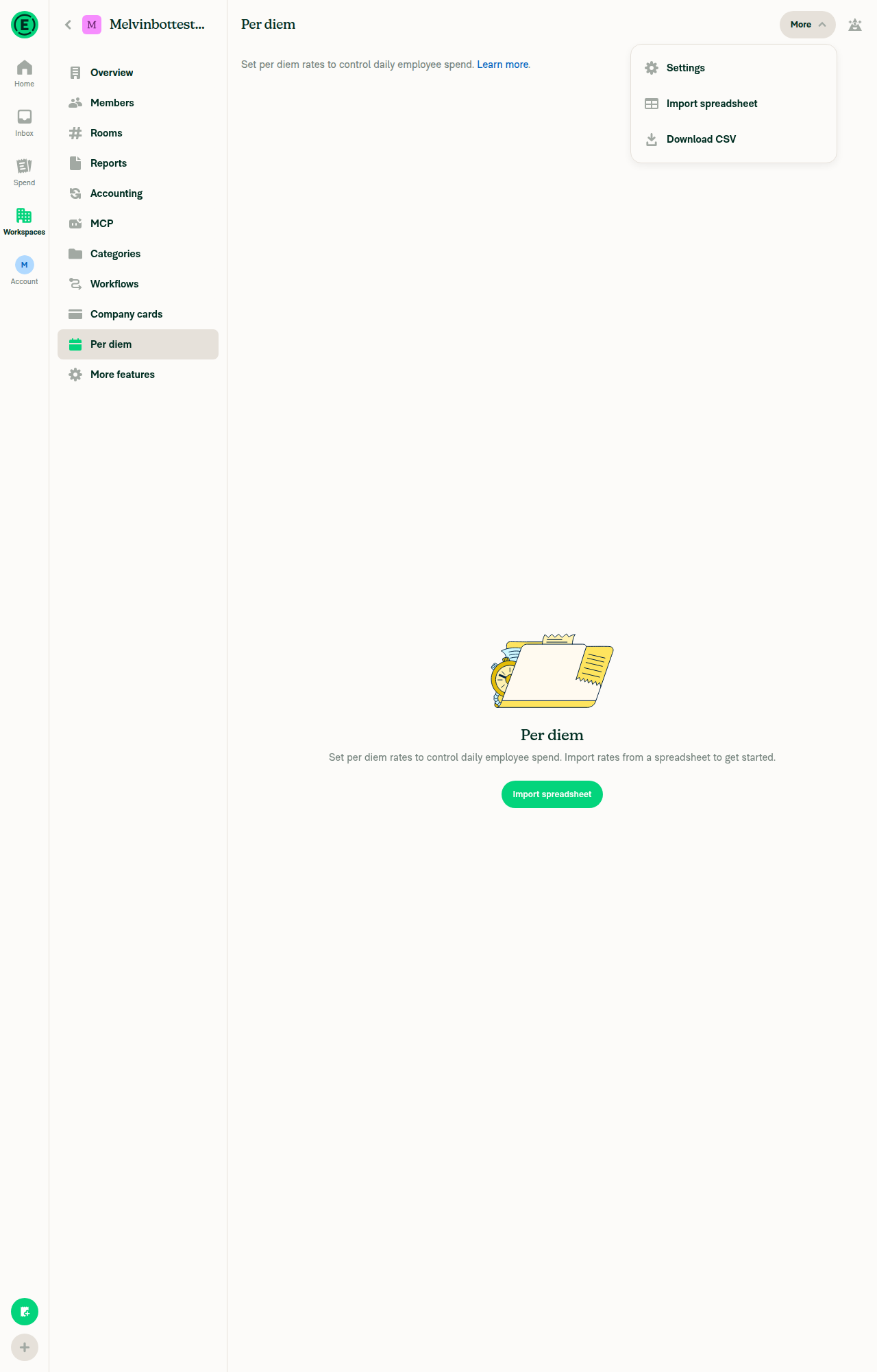 More menu open on Per Diem page showing Download CSV option