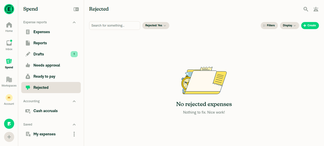 Rejected search showing No rejected expenses empty state